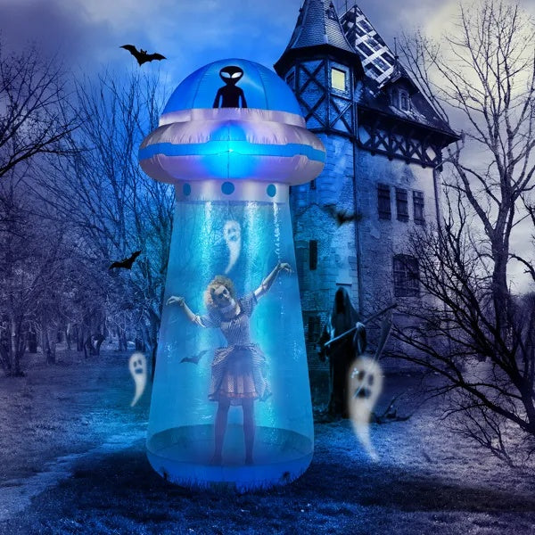 8.8 FT Halloween Inflatable UFO Yard Decoration, Fun Tall Blow Up Yard Decor With Built-in LED Lights And Stand Inside Design For Holiday Party Yard Lawn Garden Decor Indoor Outdoor